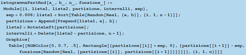 RowBox[{istogrammaPartRnd[a_, b_, n_, funzione_], :=, RowBox[{Module, [, RowBox[{{i, lista1, l ... andom[Real, {partizione[[i]], partizione[[i + 1]]}]]}]}], }}], ,, {i, 1, n}}], ]}], ]}]}]}], ]}]}]