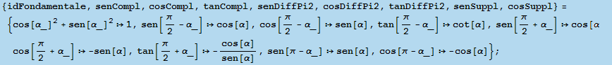 {idFondamentale, senCompl, cosCompl, tanCompl, senDiffPi2, cosDiffPi2, tanDiffPi2, senSuppl, c ... α], sen[π - α_] sen[α], cos[π - α_]  -cos[α]} ;