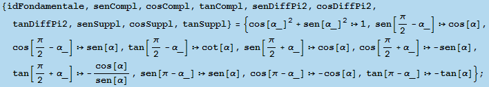 {idFondamentale, senCompl, cosCompl, tanCompl, senDiffPi2, cosDiffPi2, tanDiffPi2, senSuppl, c ... 945;], cos[π - α_]  -cos[α], tan[π - α_]  -tan[α]} ;