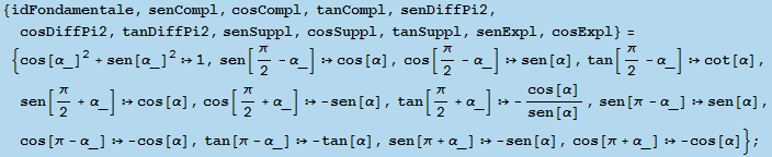 {idFondamentale, senCompl, cosCompl, tanCompl, senDiffPi2, cosDiffPi2, tanDiffPi2, senSuppl, c ... 945;], sen[π + α_]  -sen[α], cos[π + α_]  -cos[α]} ;