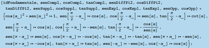 {idFondamentale, senCompl, cosCompl, tanCompl, senDiffPi2, cosDiffPi2, tanDiffPi2, senSuppl, c ... ;_] tan[α], sen[-α_]  -sen[α], cos[-α_] cos[α]} ;