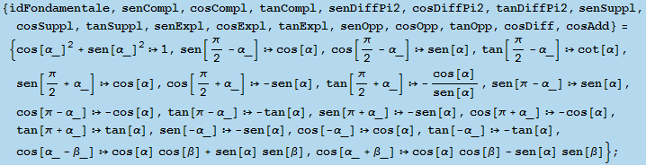 {idFondamentale, senCompl, cosCompl, tanCompl, senDiffPi2, cosDiffPi2, tanDiffPi2, senSuppl, c ... ] sen[β], cos[α_ + β_] cos[α] cos[β] - sen[α] sen[β]} ;
