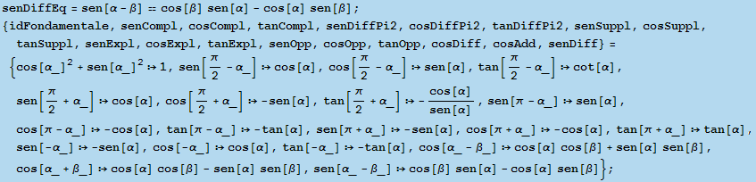 senDiffEq = sen[α - β] cos[β] sen[α] - cos[α] sen[β] ; { ...  sen[β], sen[α_ - β_] cos[β] sen[α] - cos[α] sen[β]} ; 