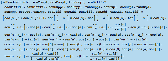 {idFondamentale, senCompl, cosCompl, tanCompl, senDiffPi2, cosDiffPi2, tanDiffPi2, senSuppl, c ... 6;]), tan[α_ - β_]  (tan[α] - tan[β])/(1 + tan[α] tan[β])} ;