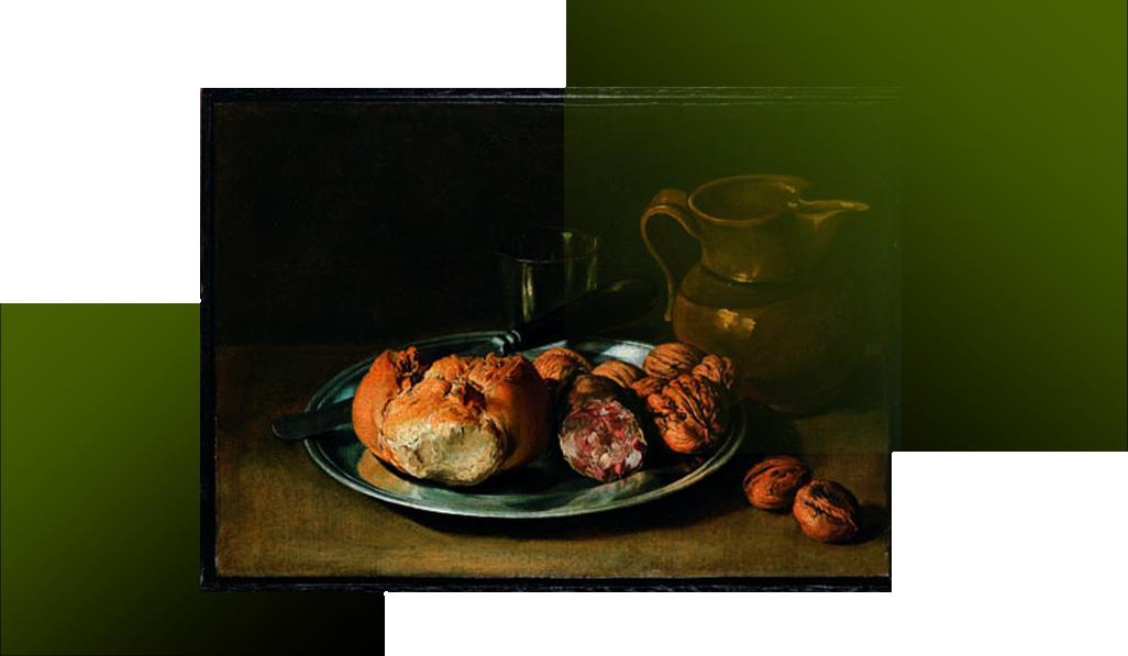 Ceruti: Natura morta con piatto di peltro, coltello, pane, salame, noci, bicchiere e brocca di vino rosso