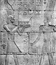 Alexander extends an offering to the god Amon, relief, limestone. Luxor, Temple of Amon, Alexander's sanctuary, west wall.